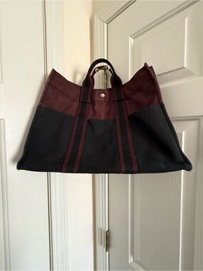 Hermes Canvas Tote Bag in Black and Burgundy